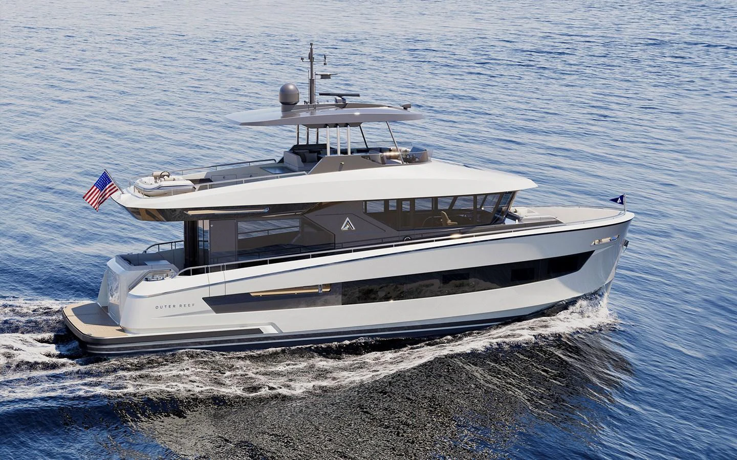 A sleek and modern yacht glides effortlessly over calm waters, showcasing its elegant design and luxurious features. aboard TBD Yacht for Sale
