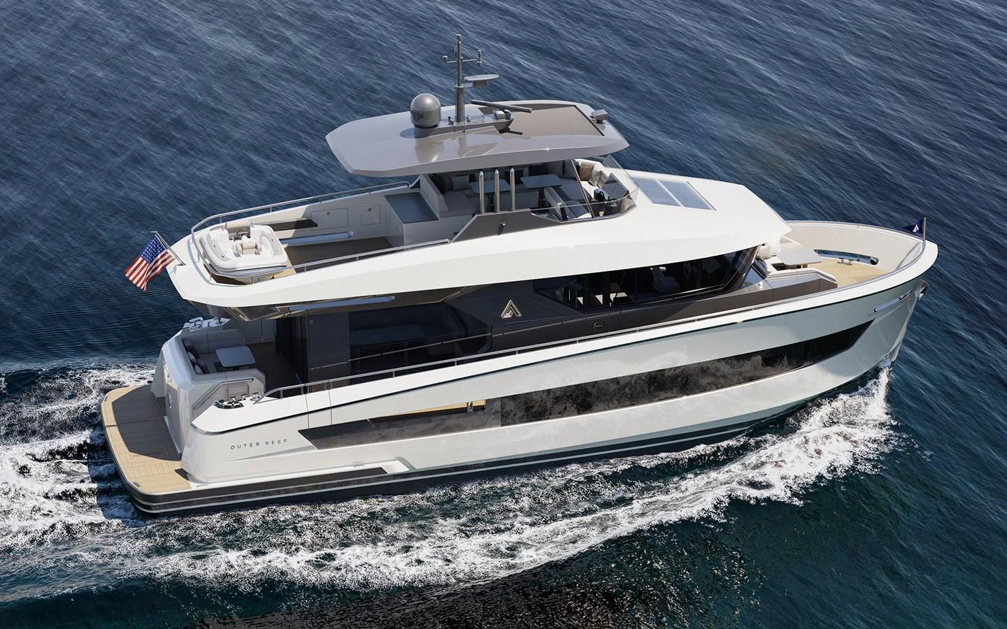 A sleek and modern yacht cruising on the open water, showcasing its elegant design and spacious decks. aboard TBD Yacht for Sale