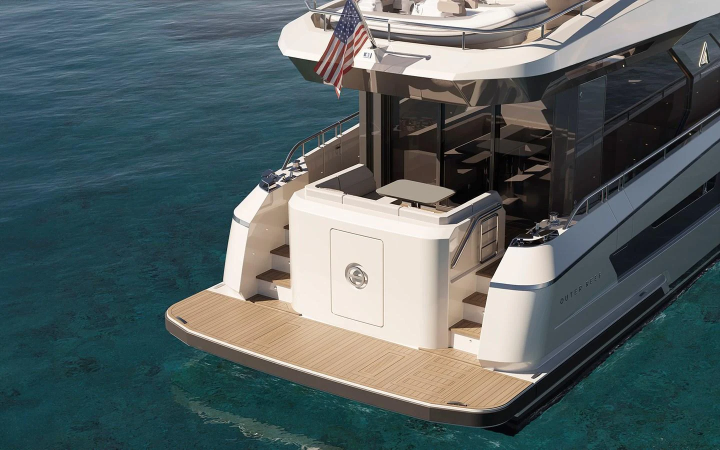 The yacht's aft deck features a spacious swim platform and elegant design details, perfect for relaxation and water activities. aboard TBD Yacht for Sale