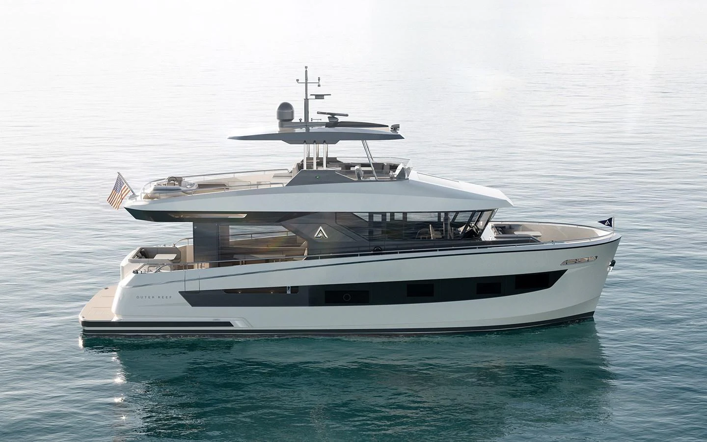 A sleek and modern yacht glides gracefully on calm waters, showcasing its elegant design and spacious decks. aboard TBD Yacht for Sale