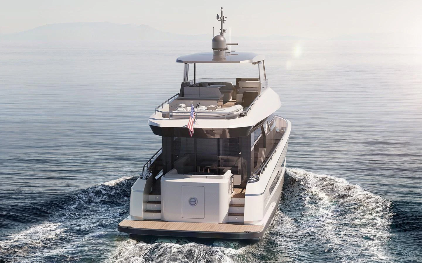 A sleek and modern yacht cruising on calm waters, showcasing its elegant design and spacious deck. aboard TBD Yacht for Sale