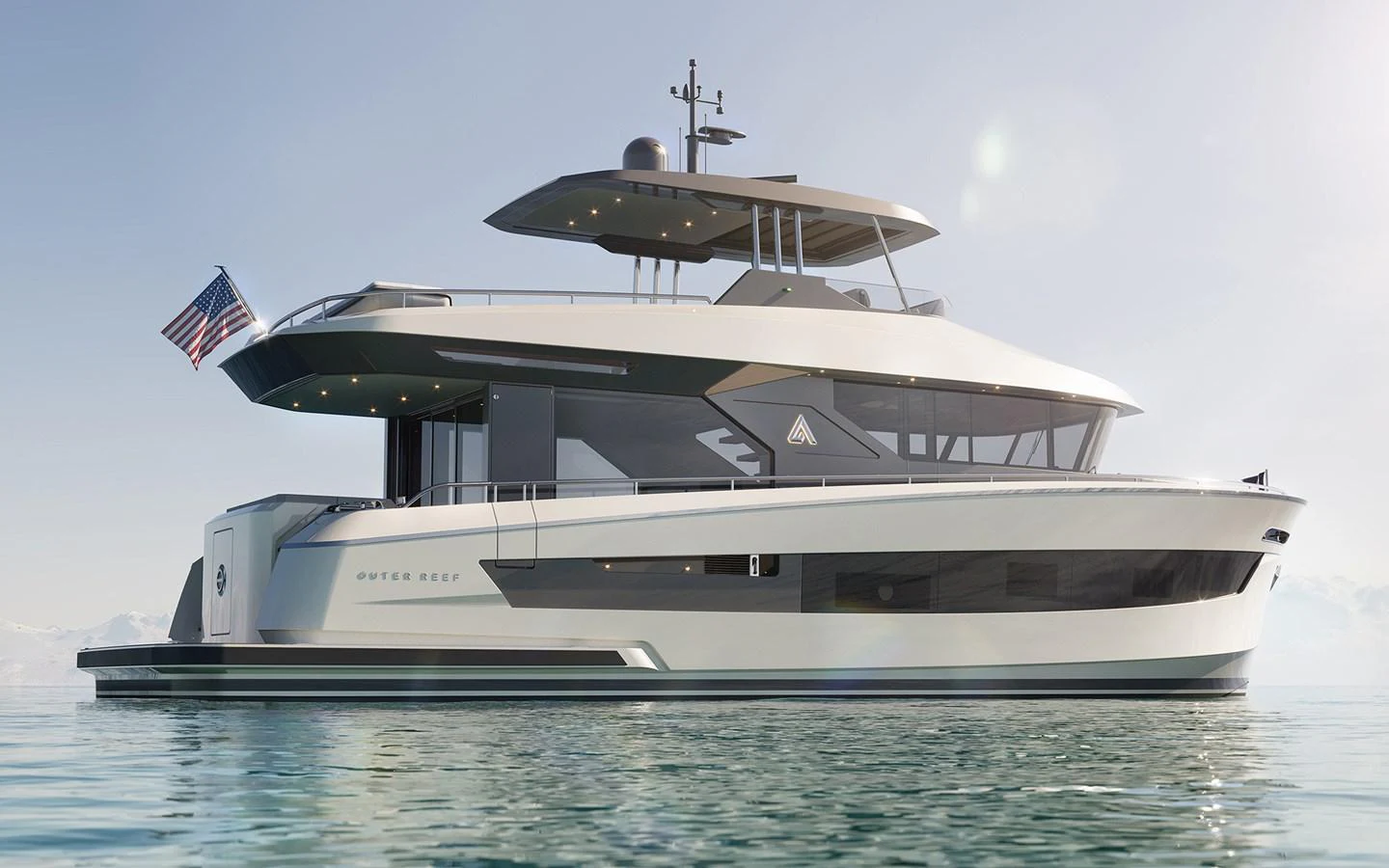 A sleek and modern yacht glides gracefully on calm waters under a clear sky. aboard TBD Yacht for Sale