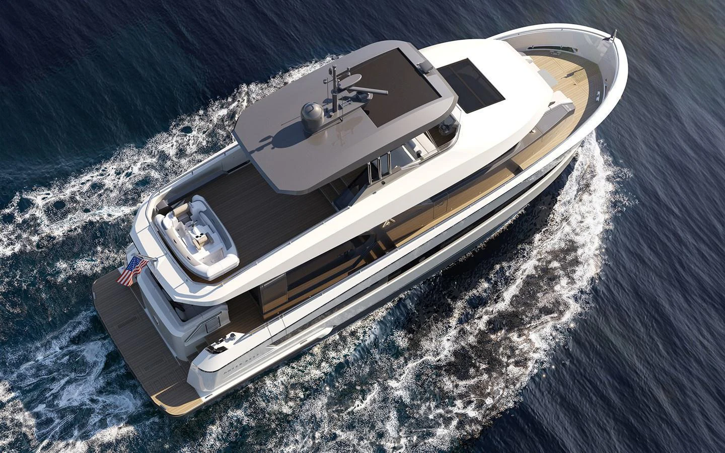 A sleek and modern yacht cruises through the water, showcasing its elegant design and spacious deck areas. aboard TBD Yacht for Sale