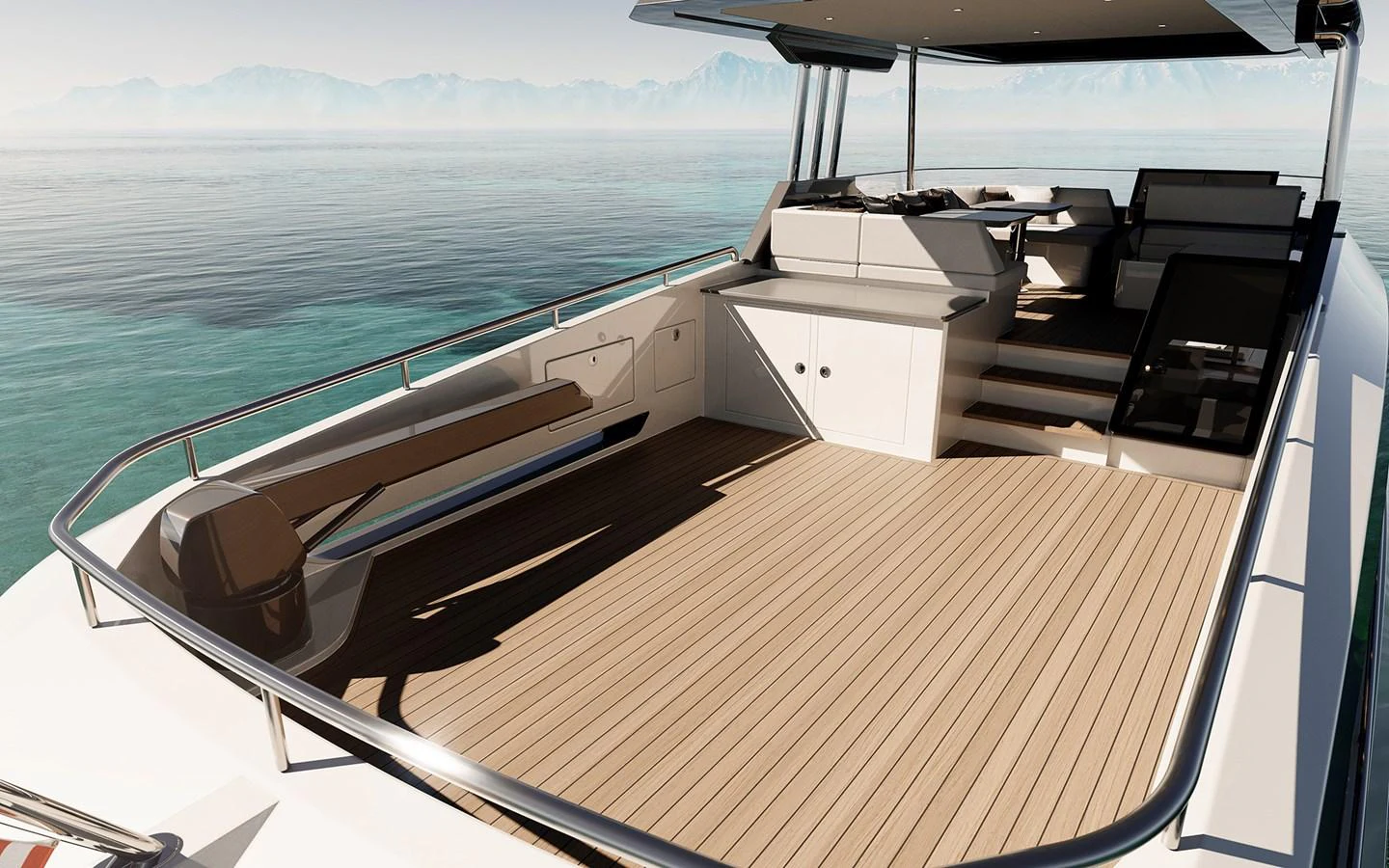 The spacious aft deck offers ample seating and a stunning view of the water. aboard TBD Yacht for Sale