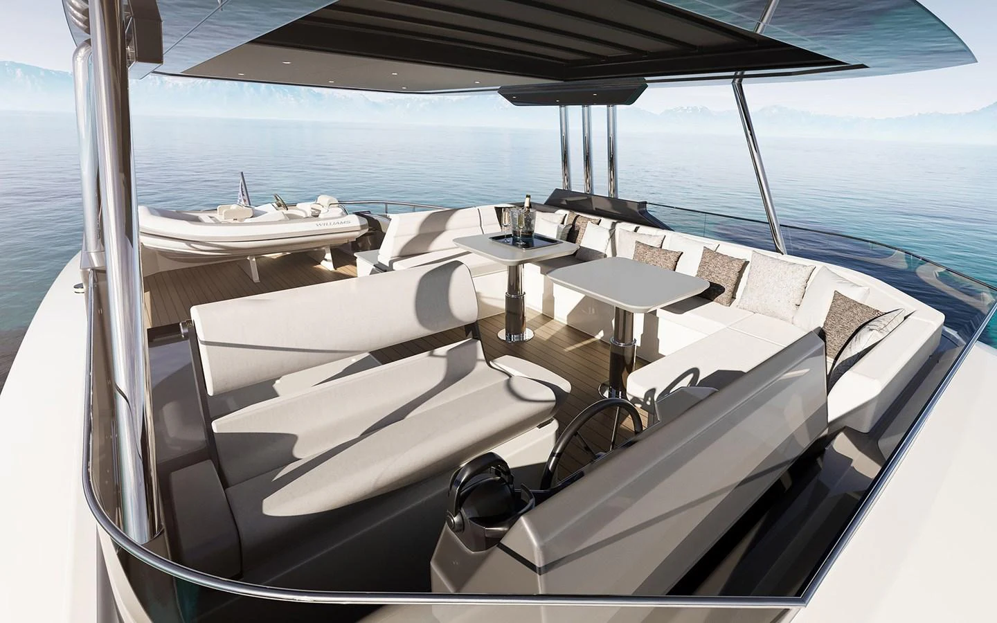 The flybridge offers a luxurious open-air space with ample seating and stunning views. aboard TBD Yacht for Sale