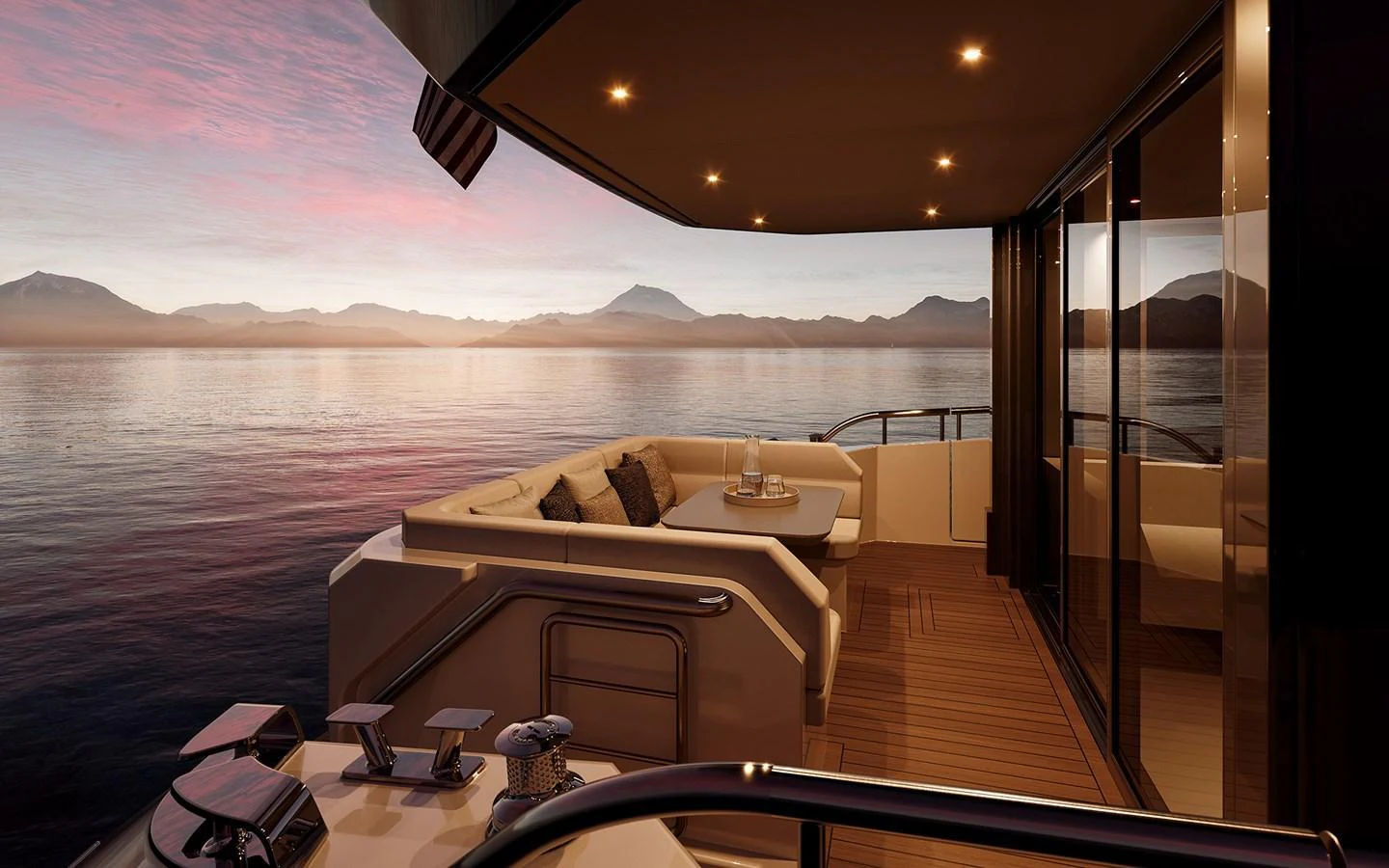 The aft deck offers a serene and luxurious space to enjoy the sunset over calm waters. aboard TBD Yacht for Sale