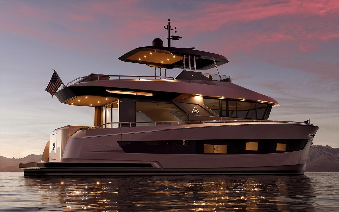 A sleek and modern yacht is beautifully illuminated against a stunning sunset backdrop on calm waters. aboard TBD Yacht for Sale