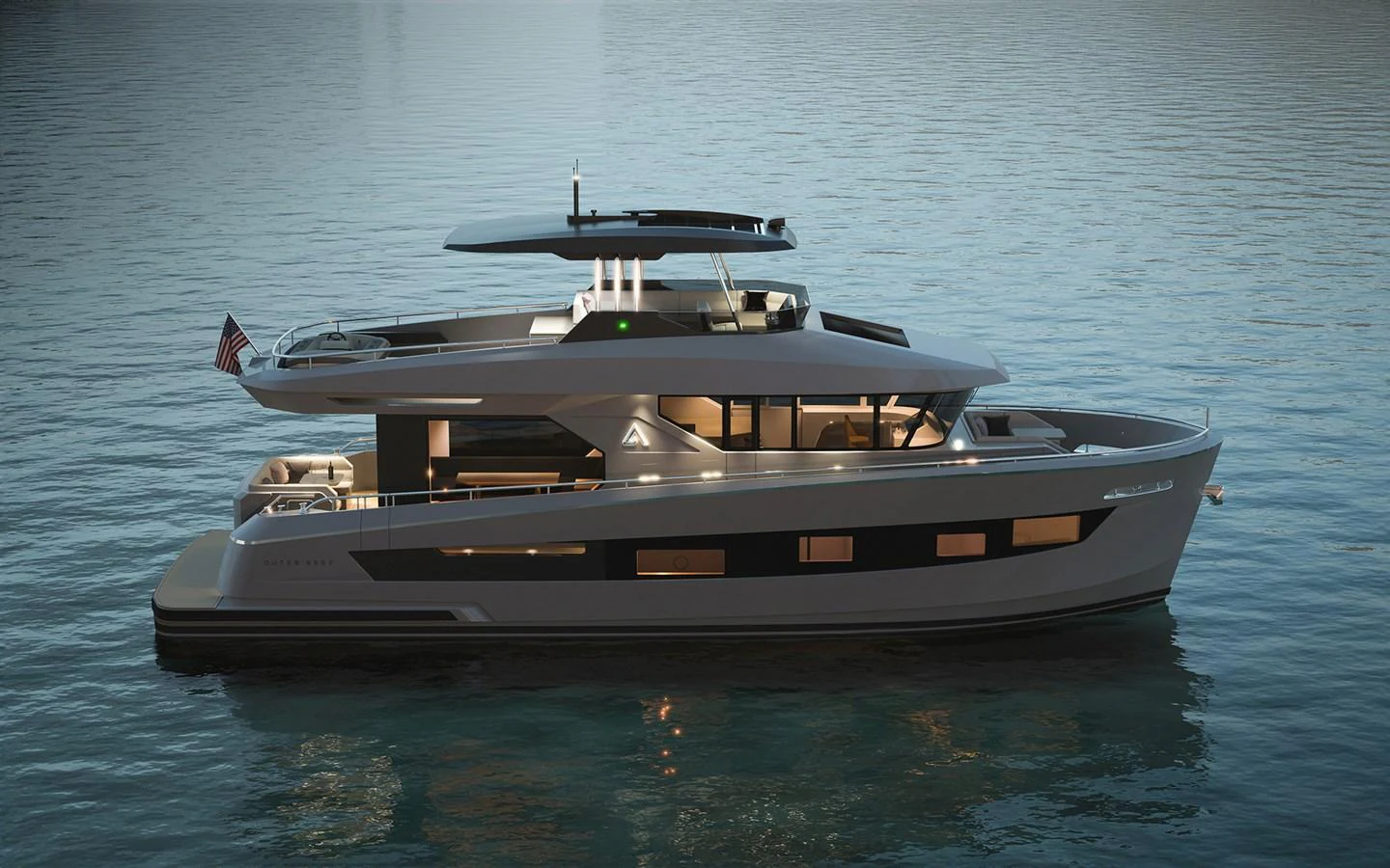 A sleek and modern yacht is gracefully floating on calm waters, showcasing its elegant design and spacious decks. aboard TBD Yacht for Sale