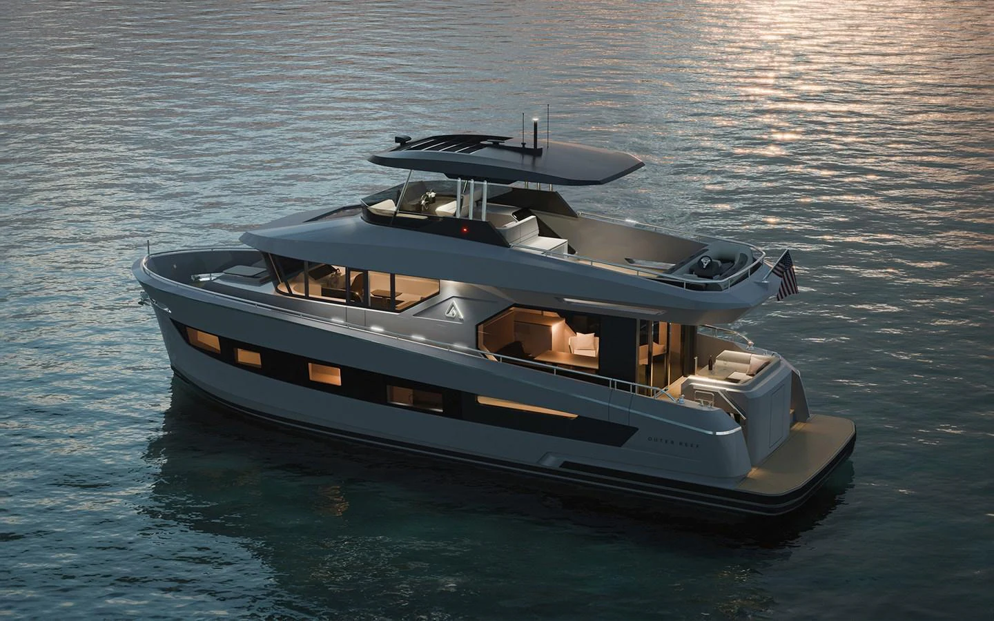 A sleek and modern yacht glides gracefully on calm waters at dusk. aboard TBD Yacht for Sale