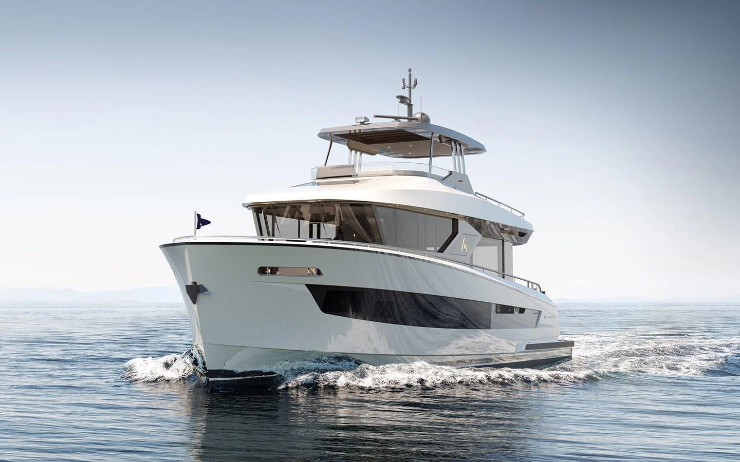 A sleek and modern yacht cruising on calm waters under a clear sky. aboard TBD Yacht for Sale