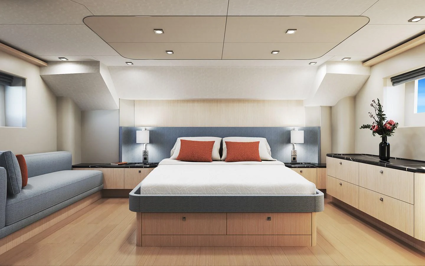 The master stateroom features a spacious bed, modern lighting, and elegant decor. aboard TBD Yacht for Sale