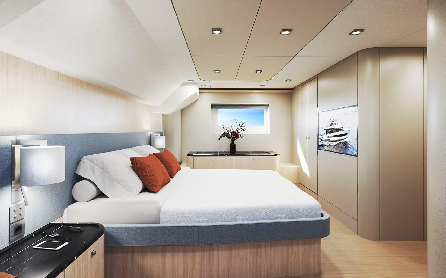 A luxurious stateroom featuring a comfortable bed and modern decor. aboard TBD Yacht for Sale