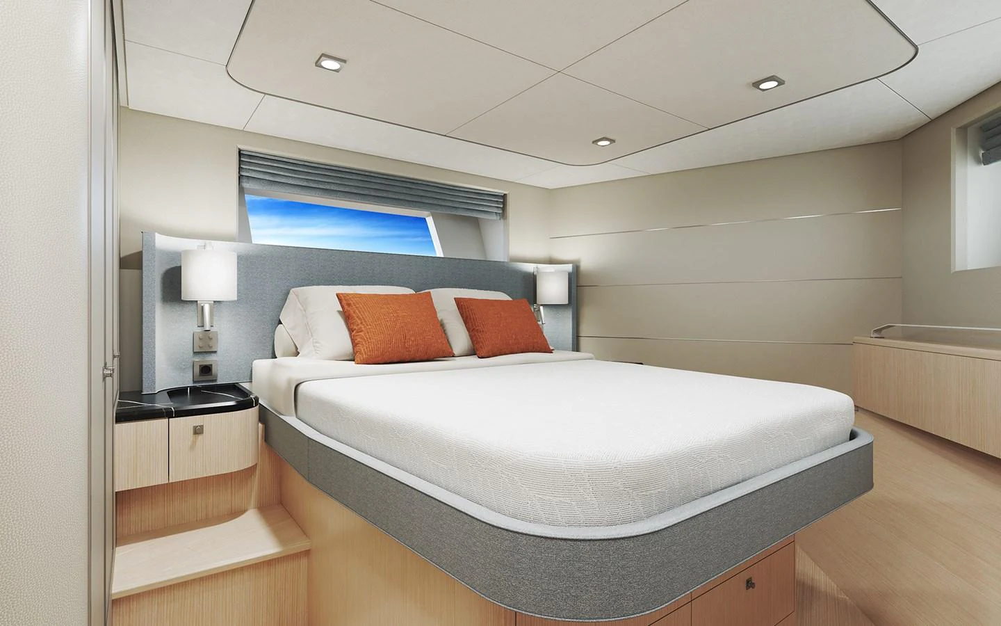 The stateroom features a modern design with a comfortable bed and elegant lighting. aboard TBD Yacht for Sale
