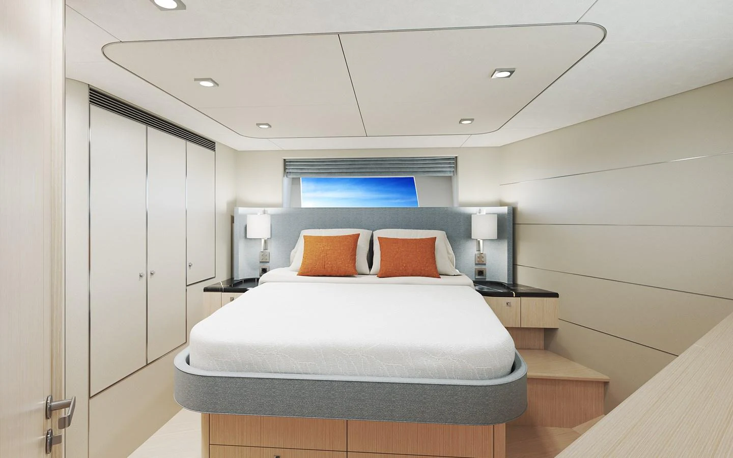 The stateroom features a comfortable bed with modern decor and ample natural light. aboard TBD Yacht for Sale