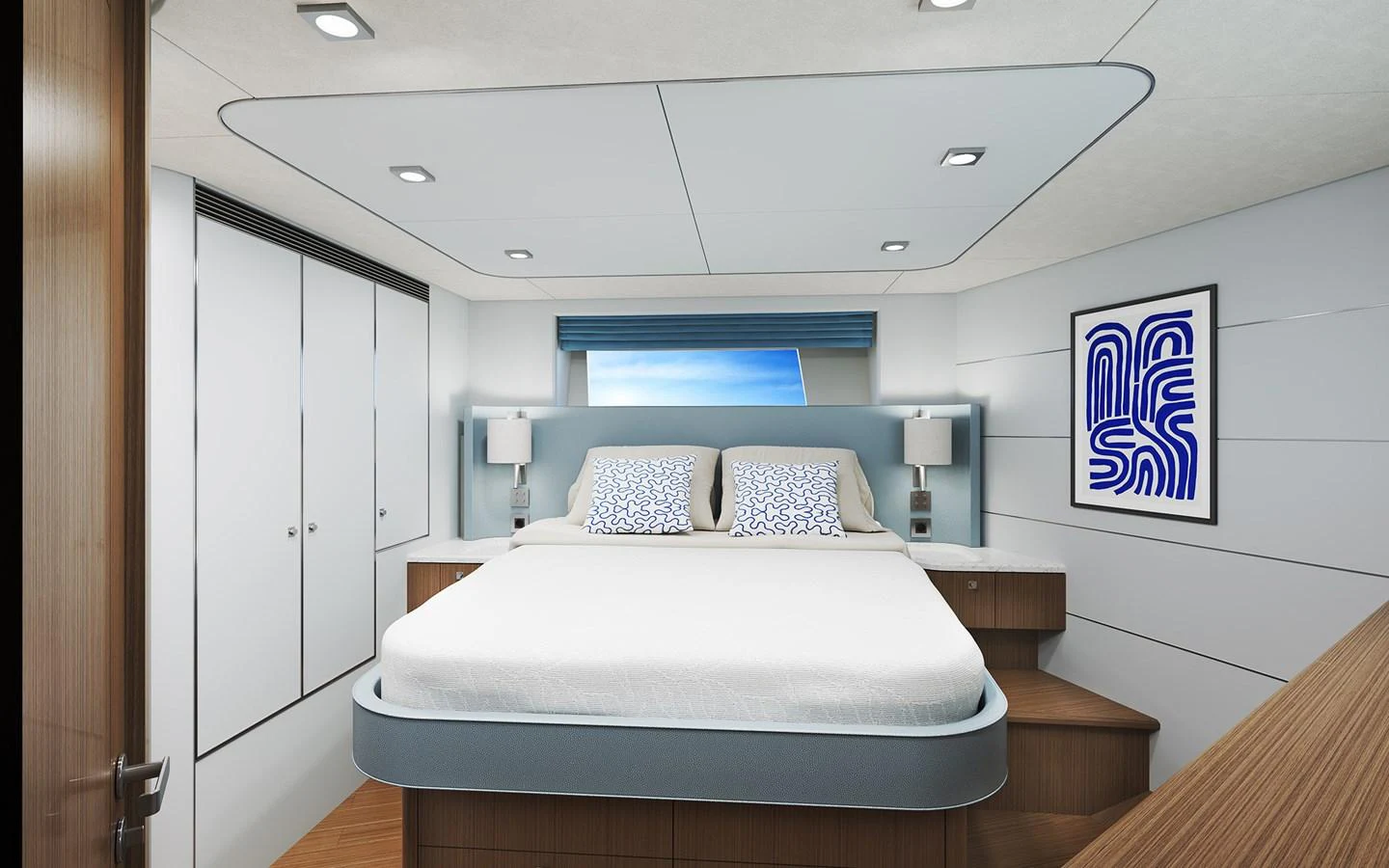 The stateroom features a modern design with a comfortable bed and ample storage space. aboard TBD Yacht for Sale