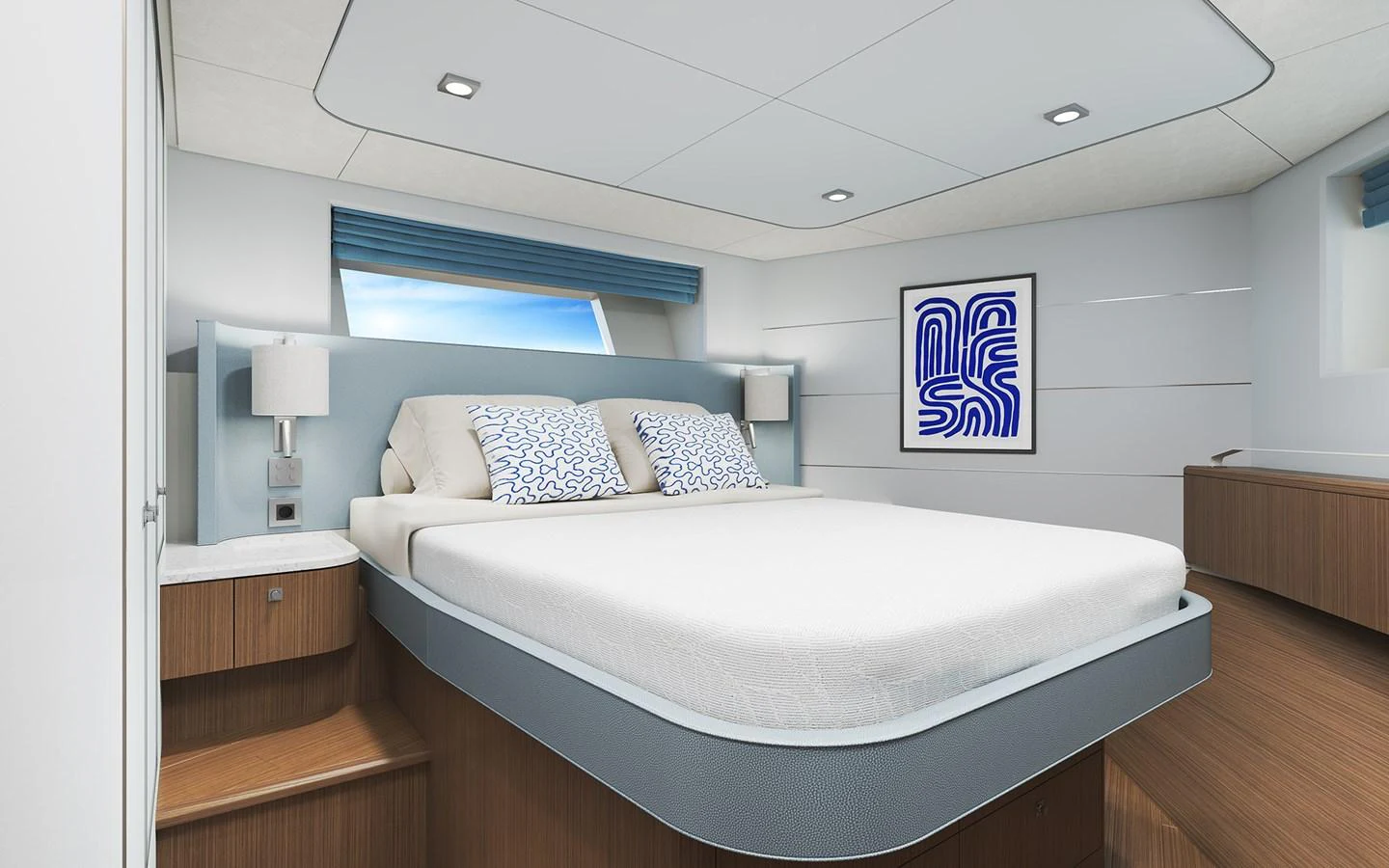 The stateroom features a modern design with a comfortable bed and stylish decor. aboard TBD Yacht for Sale