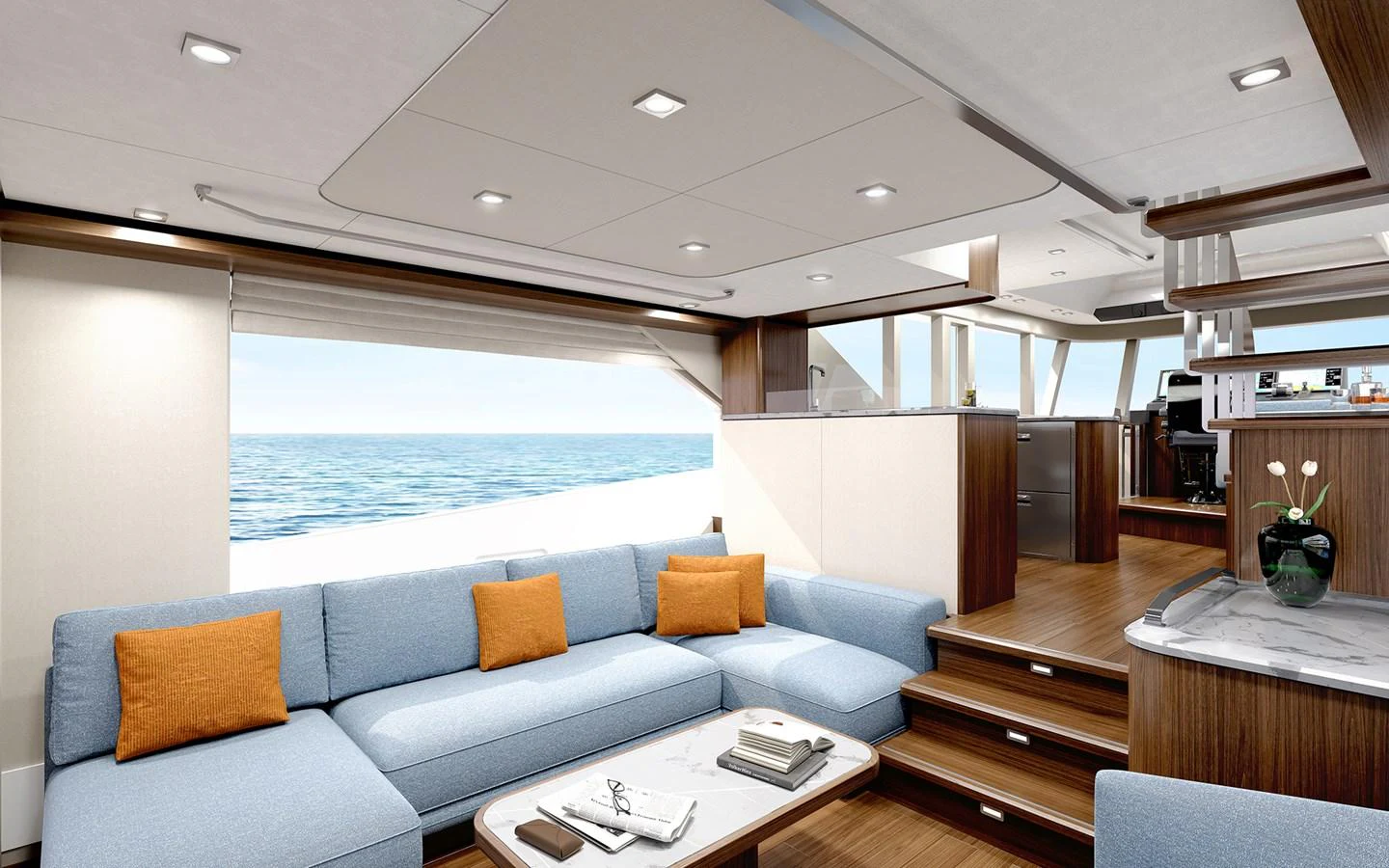 The salon features a spacious seating area with a modern design and large windows offering stunning ocean views. aboard TBD Yacht for Sale