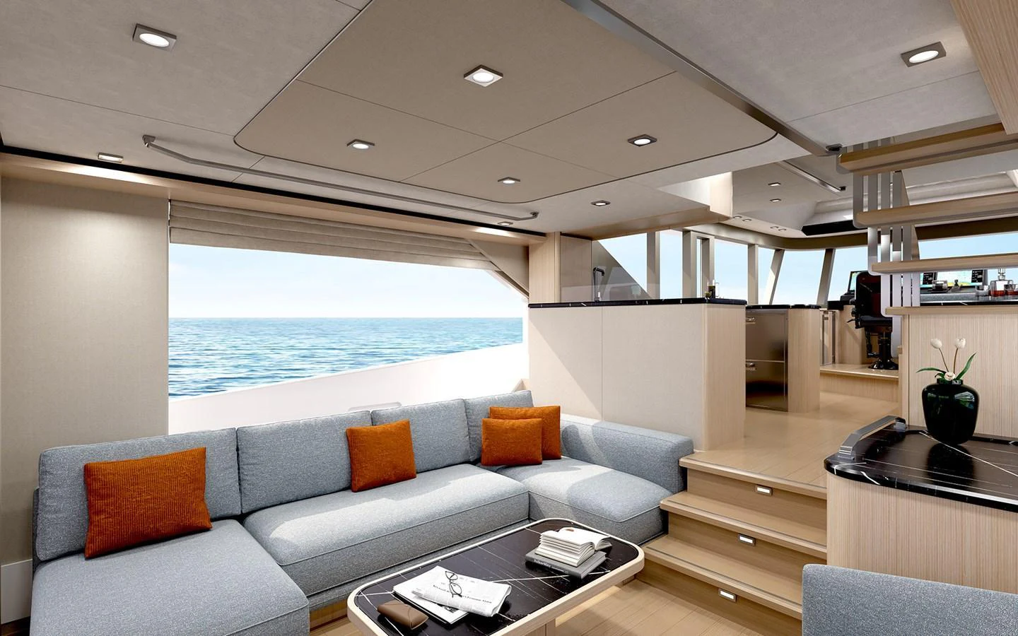 The salon features a spacious seating area with a modern design and large windows offering stunning ocean views. aboard TBD Yacht for Sale
