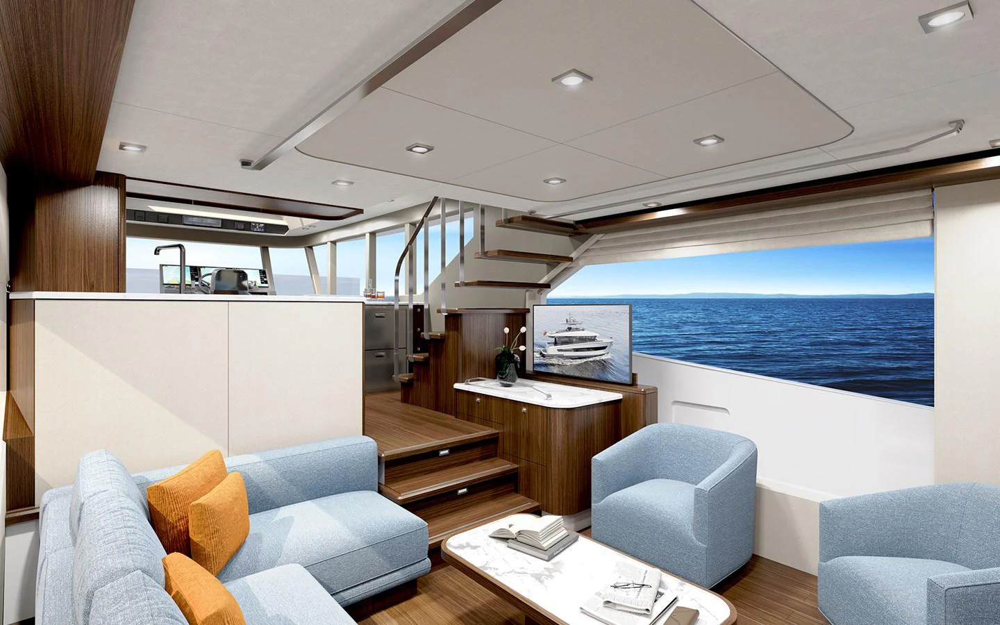 The salon features modern furnishings with a view of the sea through large windows. aboard TBD Yacht for Sale