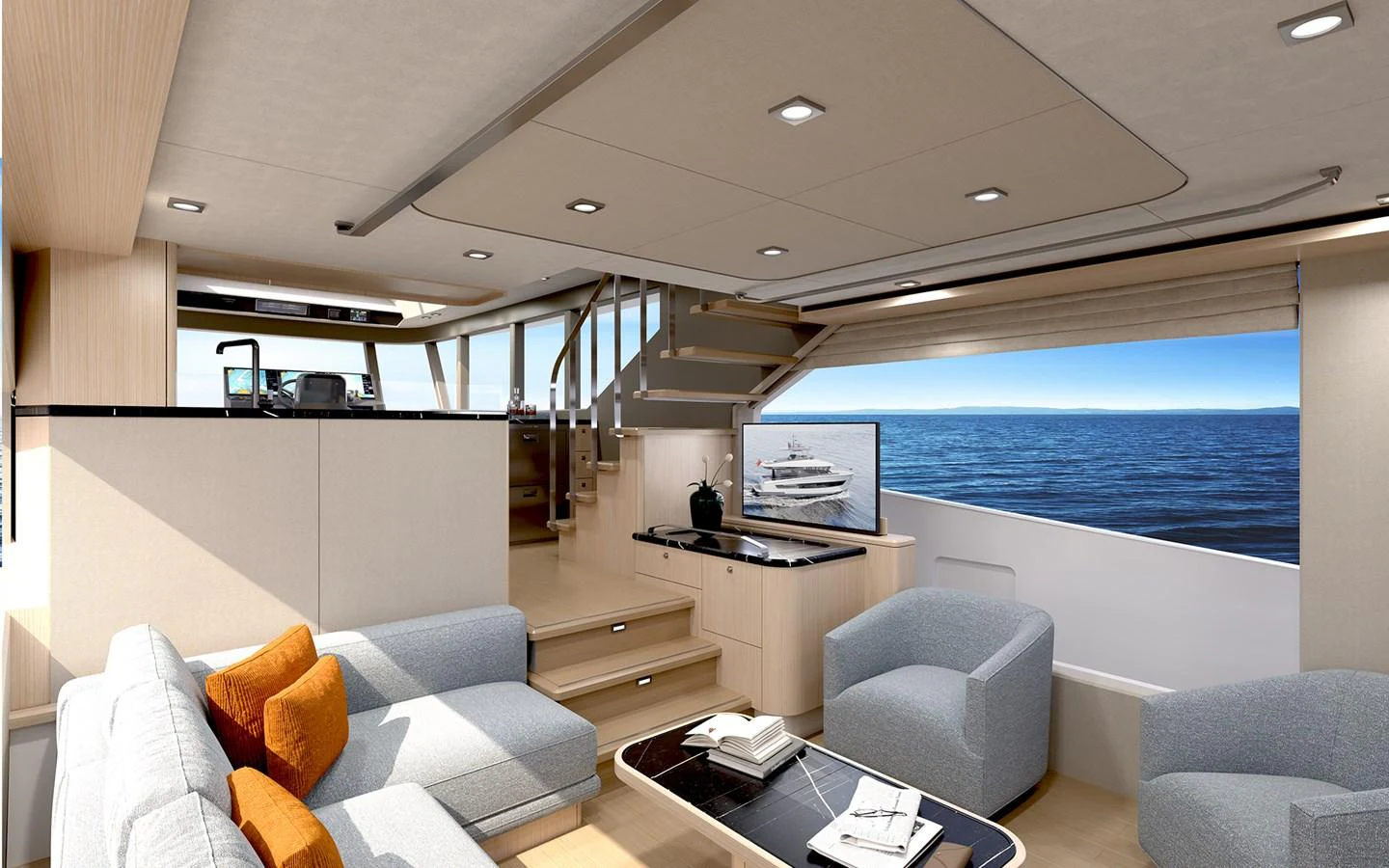 The salon offers a spacious and modern living area with panoramic sea views. aboard TBD Yacht for Sale