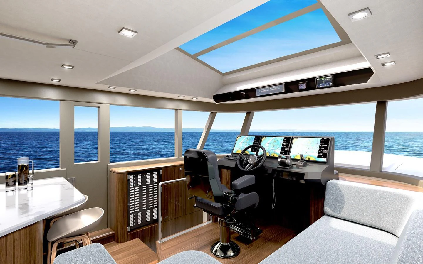 The helm station offers a panoramic view with modern navigation equipment and luxurious seating. aboard TBD Yacht for Sale