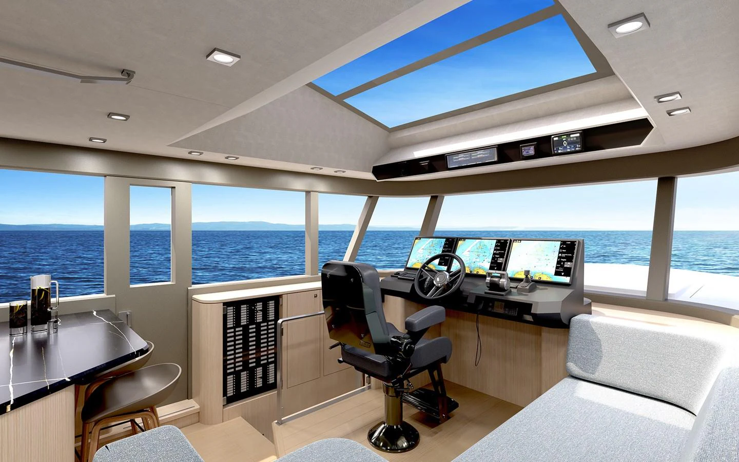 The helm station offers a panoramic view with state-of-the-art navigation equipment and luxurious seating. aboard TBD Yacht for Sale