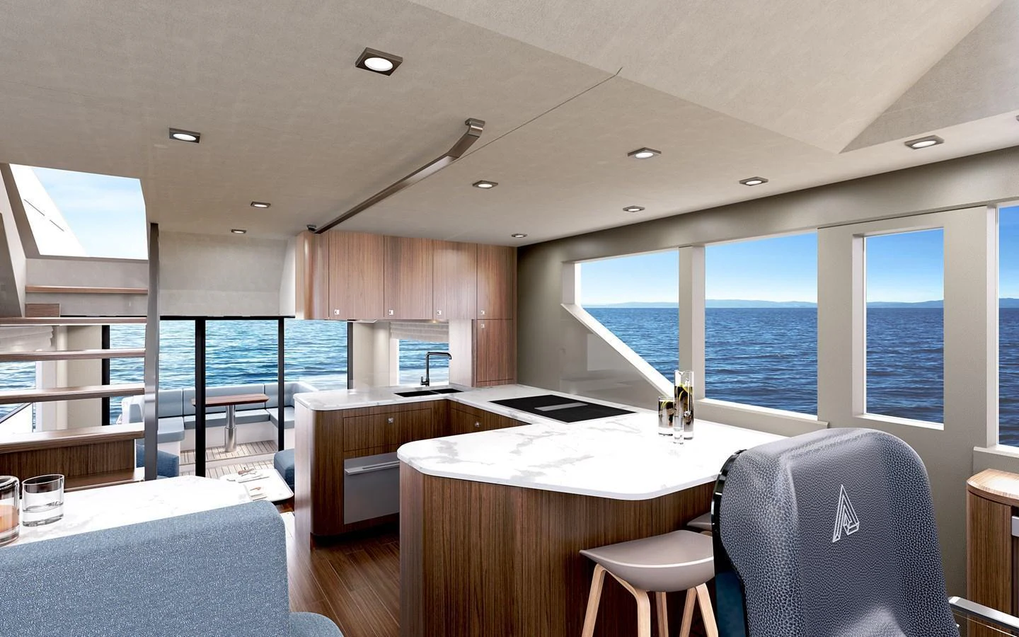 The yacht's galley features modern appliances and ample counter space with stunning ocean views. aboard TBD Yacht for Sale