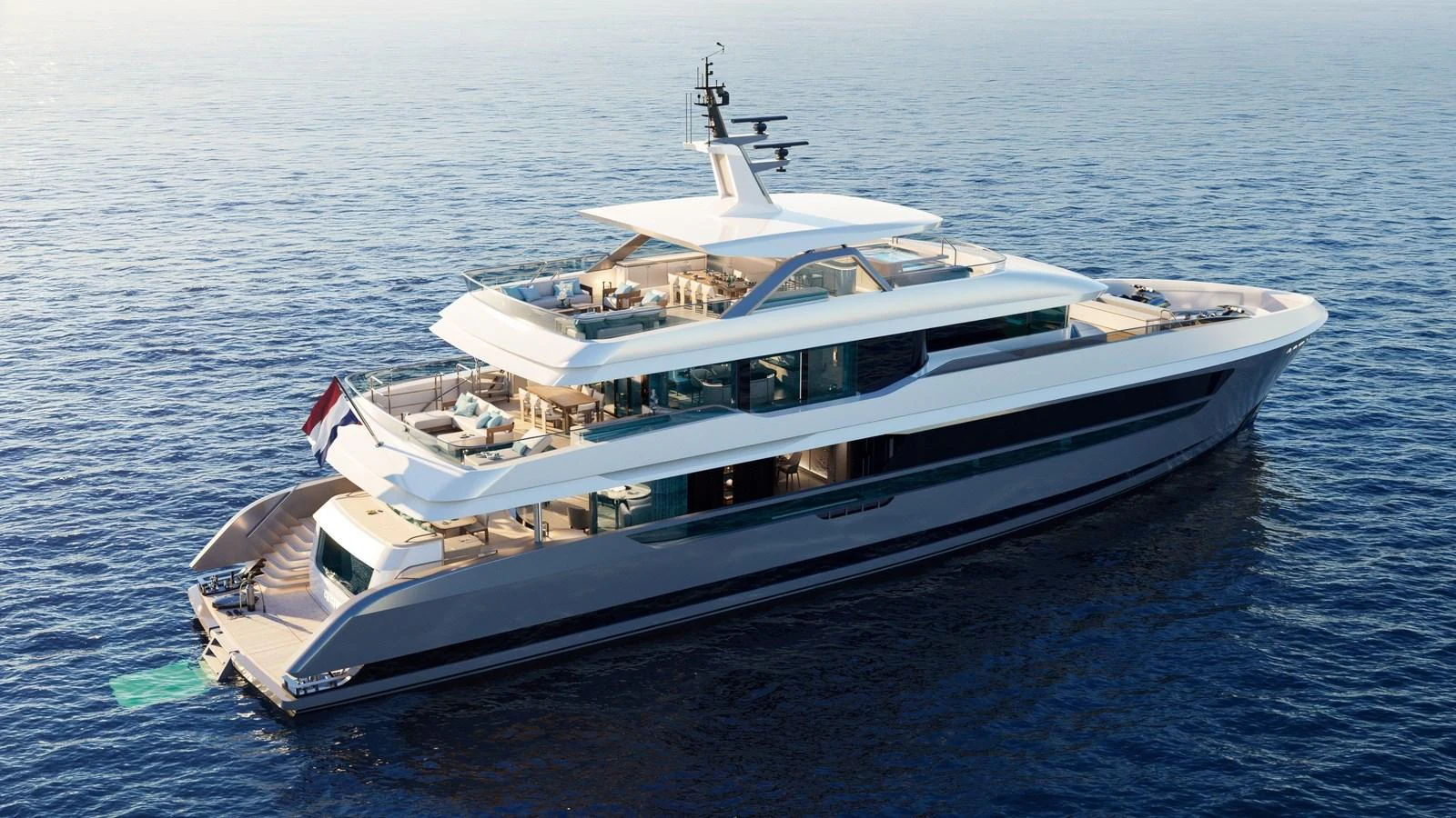 A sleek and modern yacht cruising on calm waters, showcasing its elegant design and spacious decks. aboard 133 MALLORCA Yacht for Sale