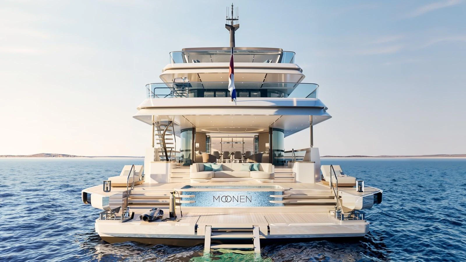 The yacht's aft deck features a luxurious lounging area with direct access to the water. aboard 133 MALLORCA Yacht for Sale