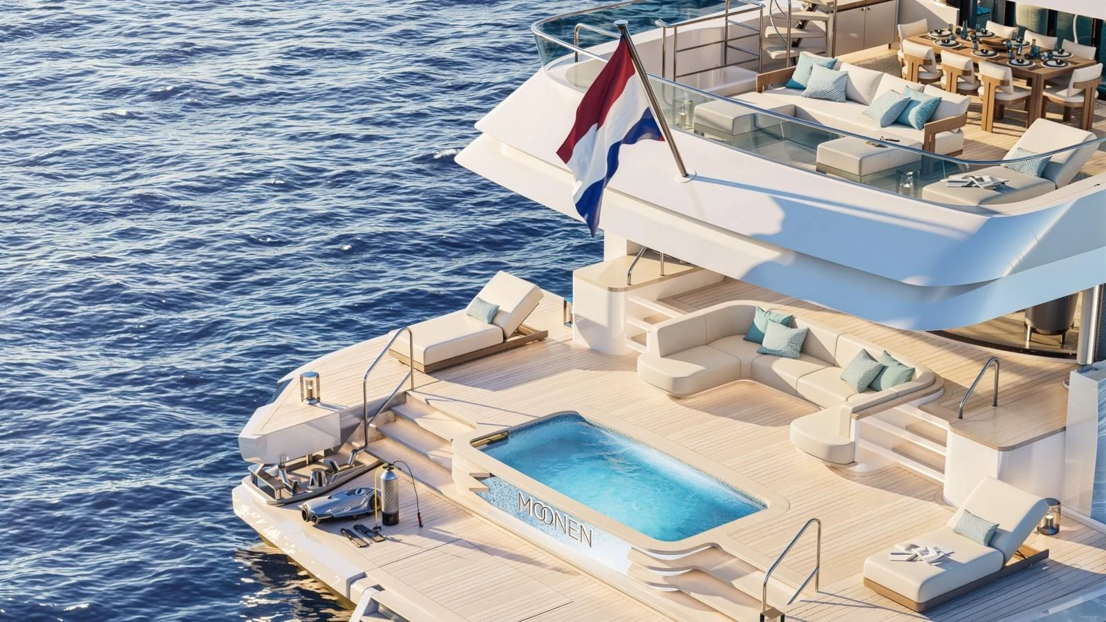 The yacht's aft deck features a luxurious pool area with ample seating and stunning ocean views. aboard 133 MALLORCA Yacht for Sale