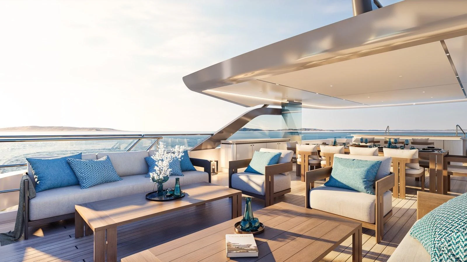 The sundeck offers a luxurious outdoor lounging area with ample seating and stunning sea views. aboard 133 MALLORCA Yacht for Sale