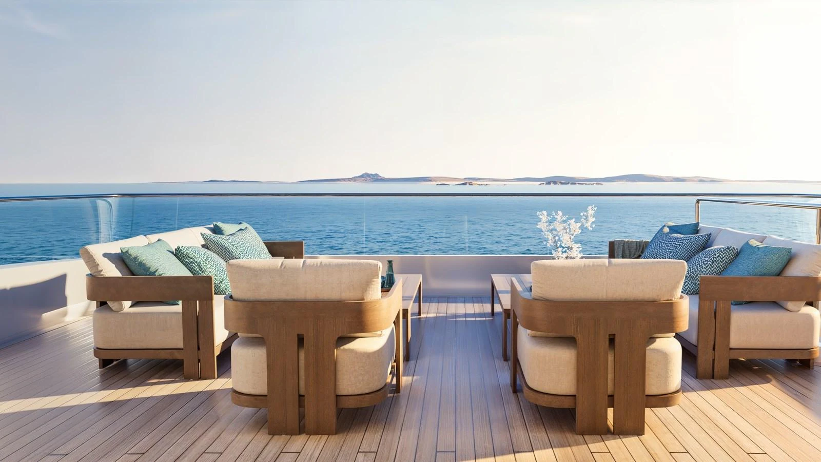 The aft deck offers a serene seating area with plush cushions and panoramic ocean views. aboard 133 MALLORCA Yacht for Sale