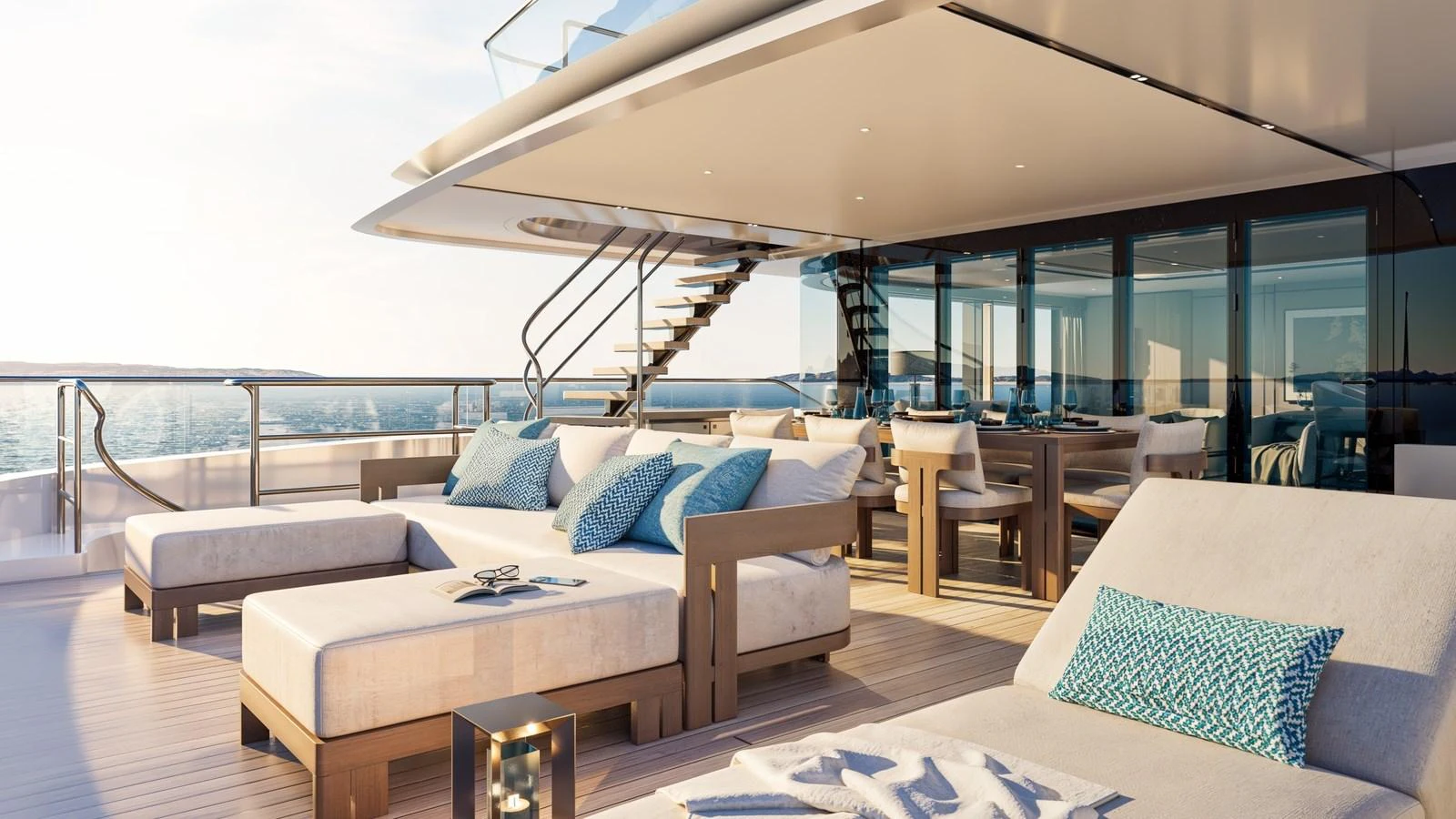 The aft deck offers a luxurious outdoor lounging and dining area with stunning sea views. aboard 133 MALLORCA Yacht for Sale