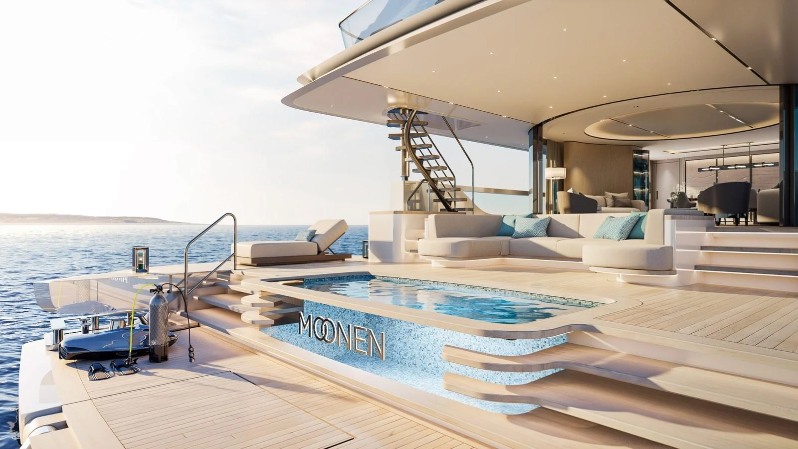 The aft deck features a luxurious pool area with comfortable lounging spaces and stunning ocean views. aboard 133 MALLORCA Yacht for Sale