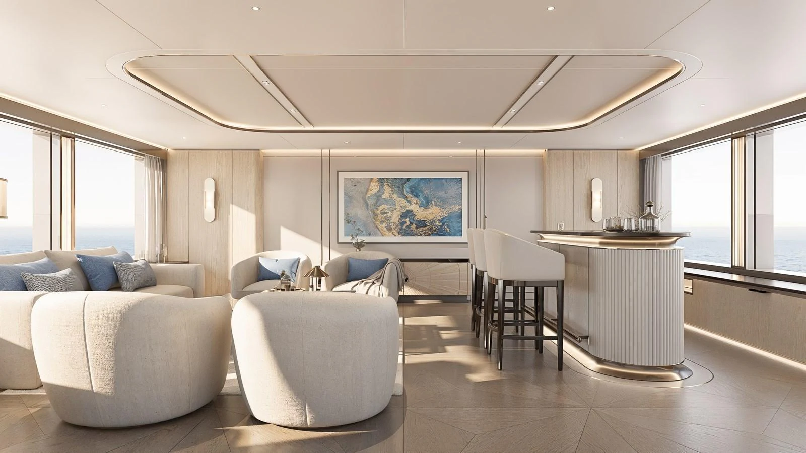 The salon features elegant seating and a stylish bar area with panoramic views. aboard 133 MALLORCA Yacht for Sale