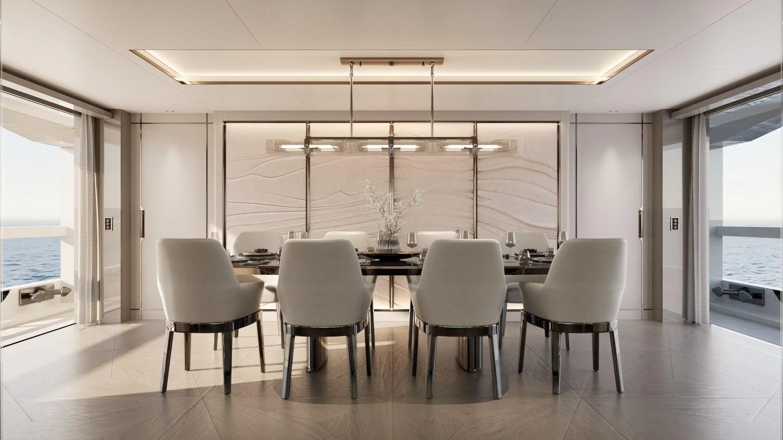 The yacht's dining area features elegant seating and a sophisticated ambiance with panoramic views. aboard 133 MALLORCA Yacht for Sale