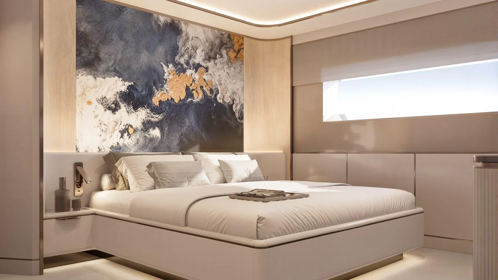 The luxurious stateroom features a large bed with elegant bedding and a stunning abstract wall art piece. aboard 133 MALLORCA Yacht for Sale