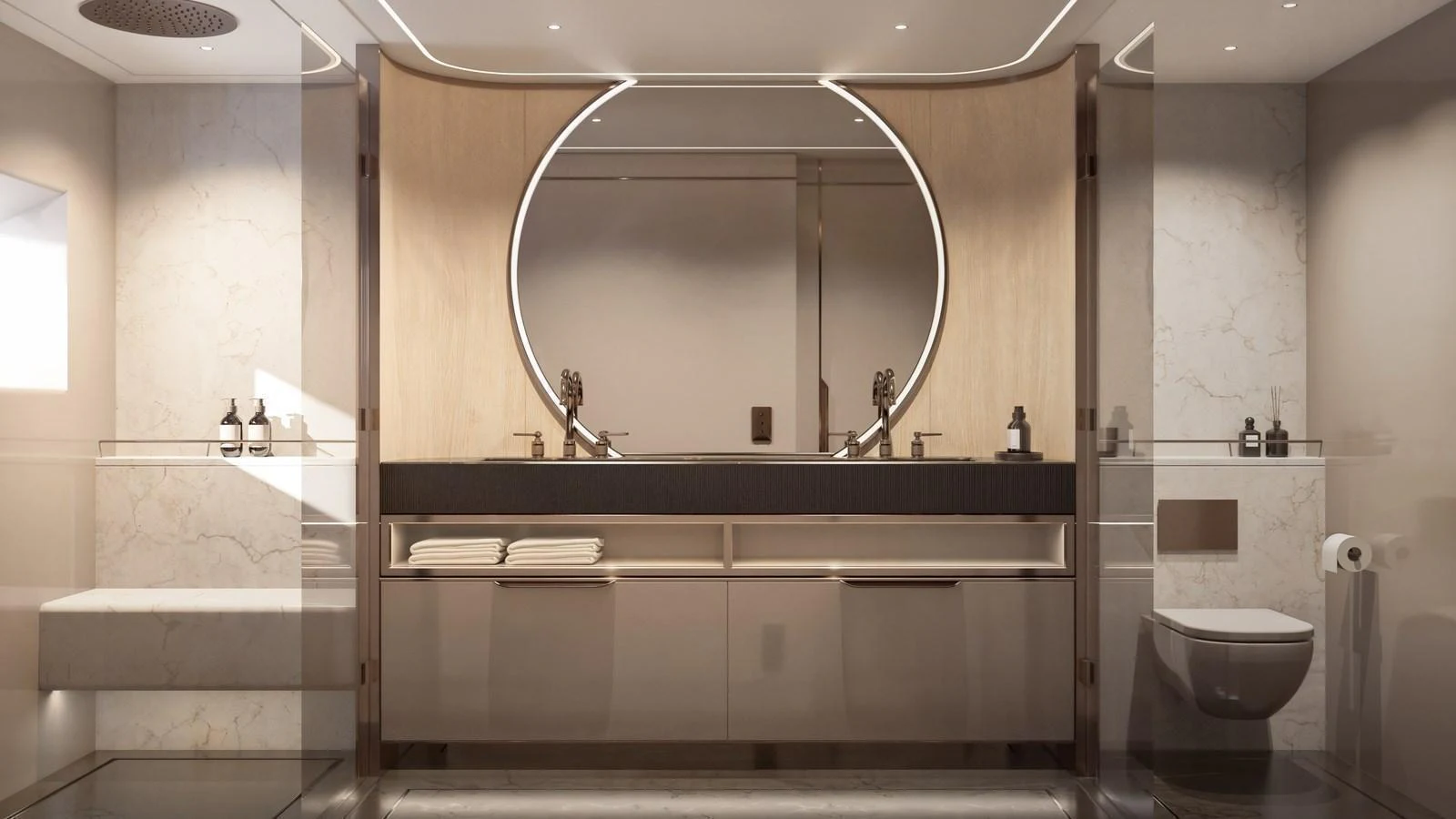 This luxurious yacht bathroom features modern fixtures and elegant design. aboard 133 MALLORCA Yacht for Sale
