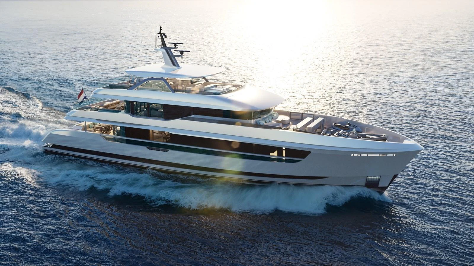 A sleek and modern yacht cruises through the open sea under the bright sun. aboard 133 MALLORCA Yacht for Sale