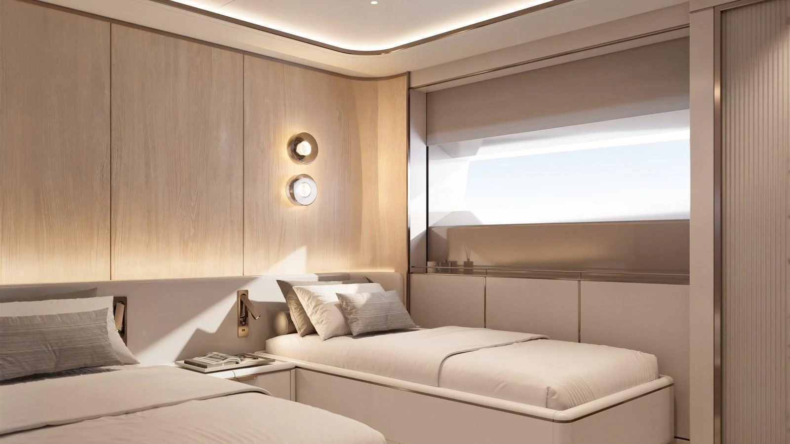 The guest stateroom features twin beds, modern lighting, and a sleek, minimalist design. aboard 133 MALLORCA Yacht for Sale