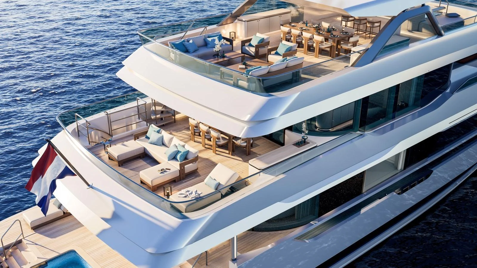 The yacht features a luxurious multi-level aft deck with ample seating and dining areas, perfect for entertaining. aboard 133 MALLORCA Yacht for Sale