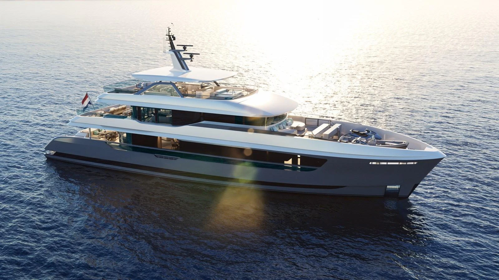 A sleek and modern yacht glides gracefully on the open water under the golden sunlight. aboard 133 MALLORCA Yacht for Sale