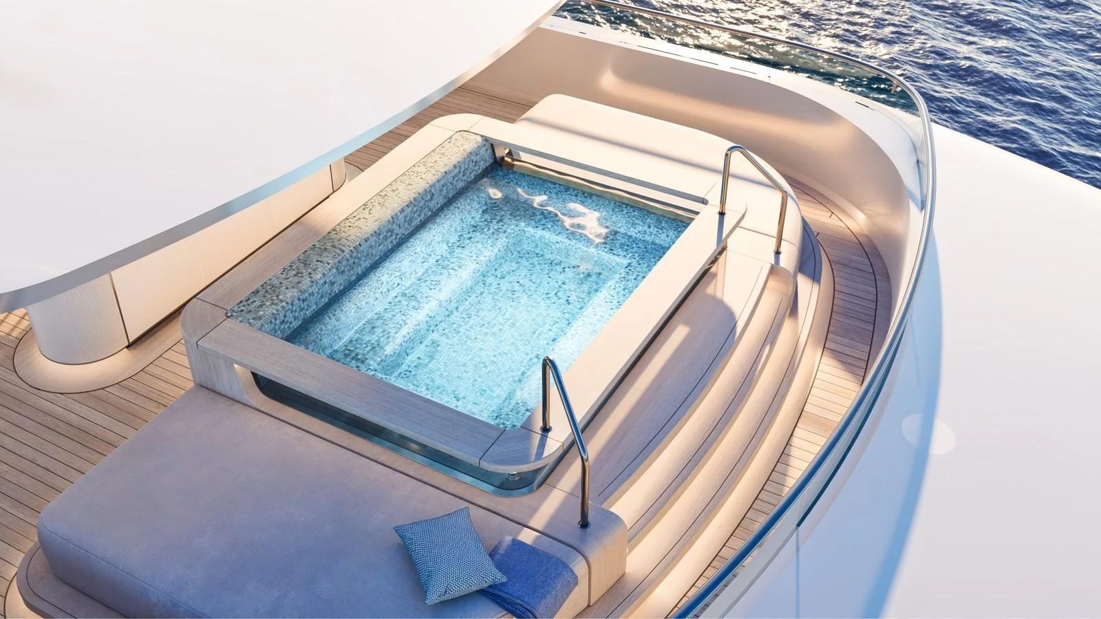 A luxurious jacuzzi on the deck of a yacht, offering stunning ocean views. aboard 133 MALLORCA Yacht for Sale