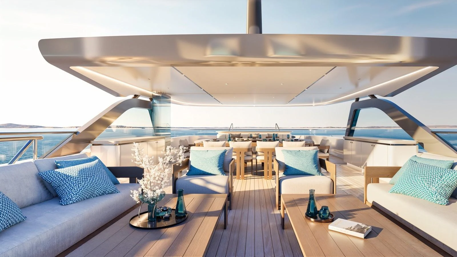 The aft deck offers a luxurious outdoor lounging and dining area with stunning ocean views. aboard 133 MALLORCA Yacht for Sale