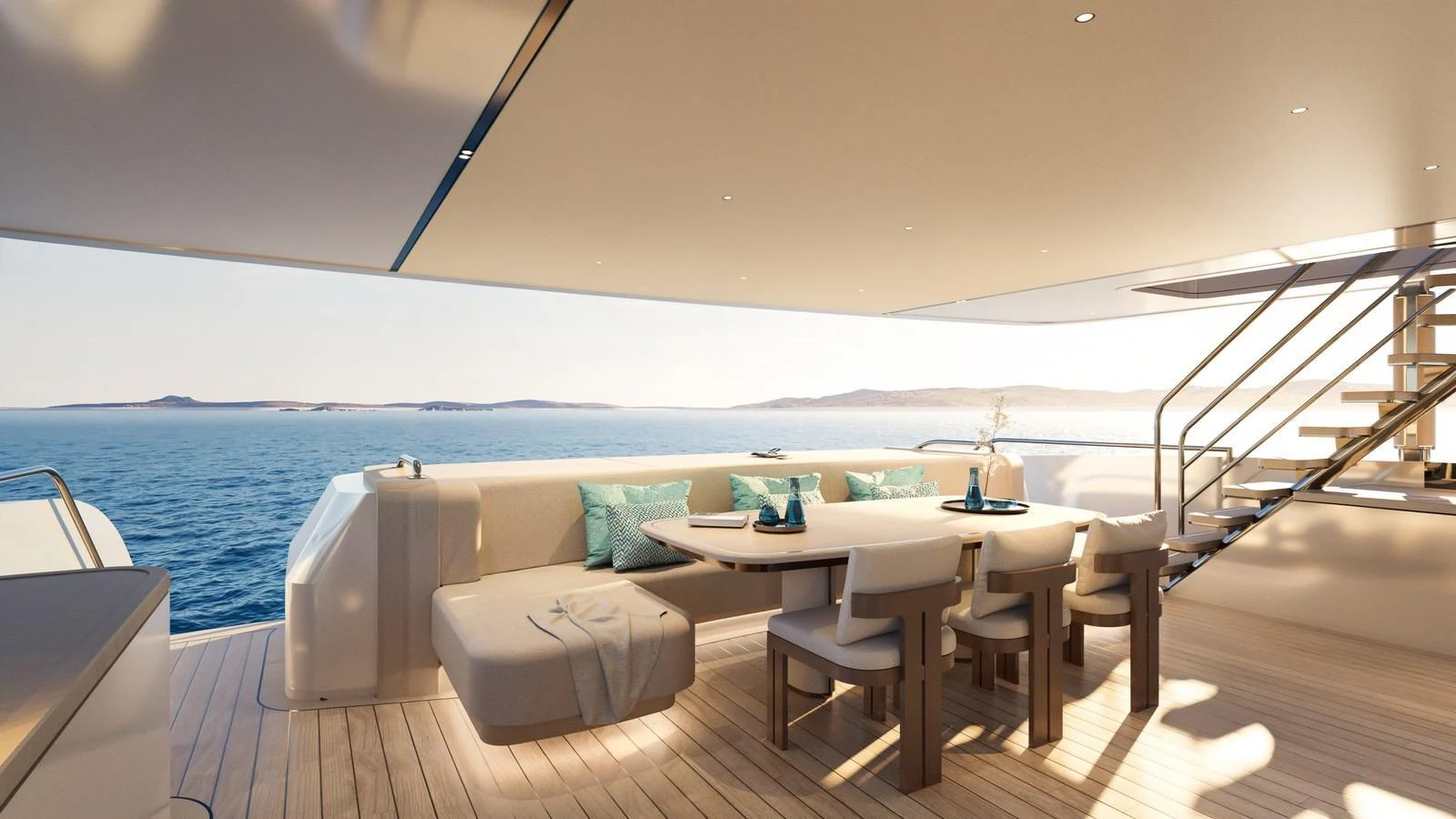 The aft deck offers a serene dining area with panoramic ocean views and comfortable seating. aboard 133 MALLORCA Yacht for Sale