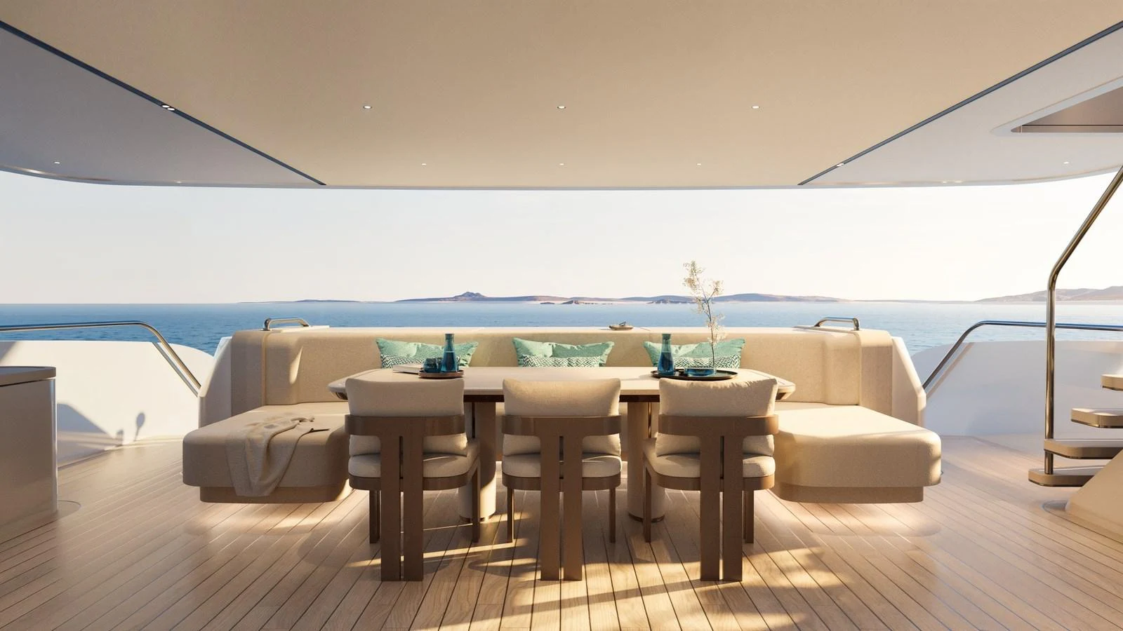 The aft deck offers a luxurious dining area with stunning ocean views. aboard 133 MALLORCA Yacht for Sale