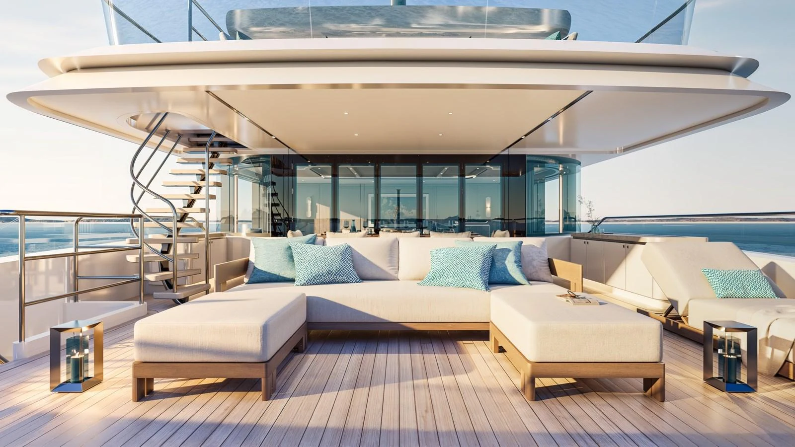 The sundeck offers a luxurious lounging area with plush seating and stunning ocean views. aboard 133 MALLORCA Yacht for Sale