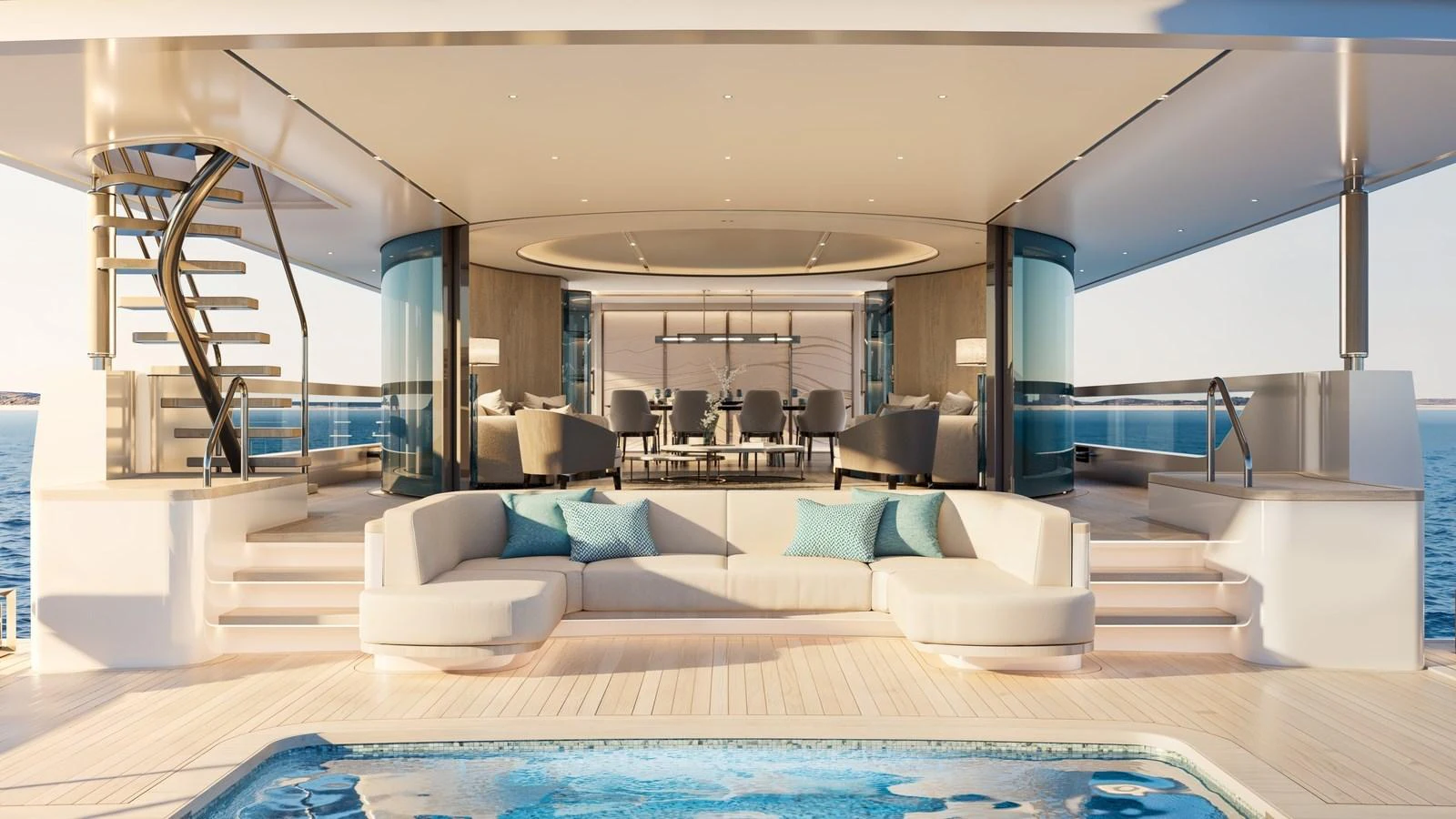 The aft deck features a luxurious seating area with a pool, offering stunning ocean views. aboard 133 MALLORCA Yacht for Sale