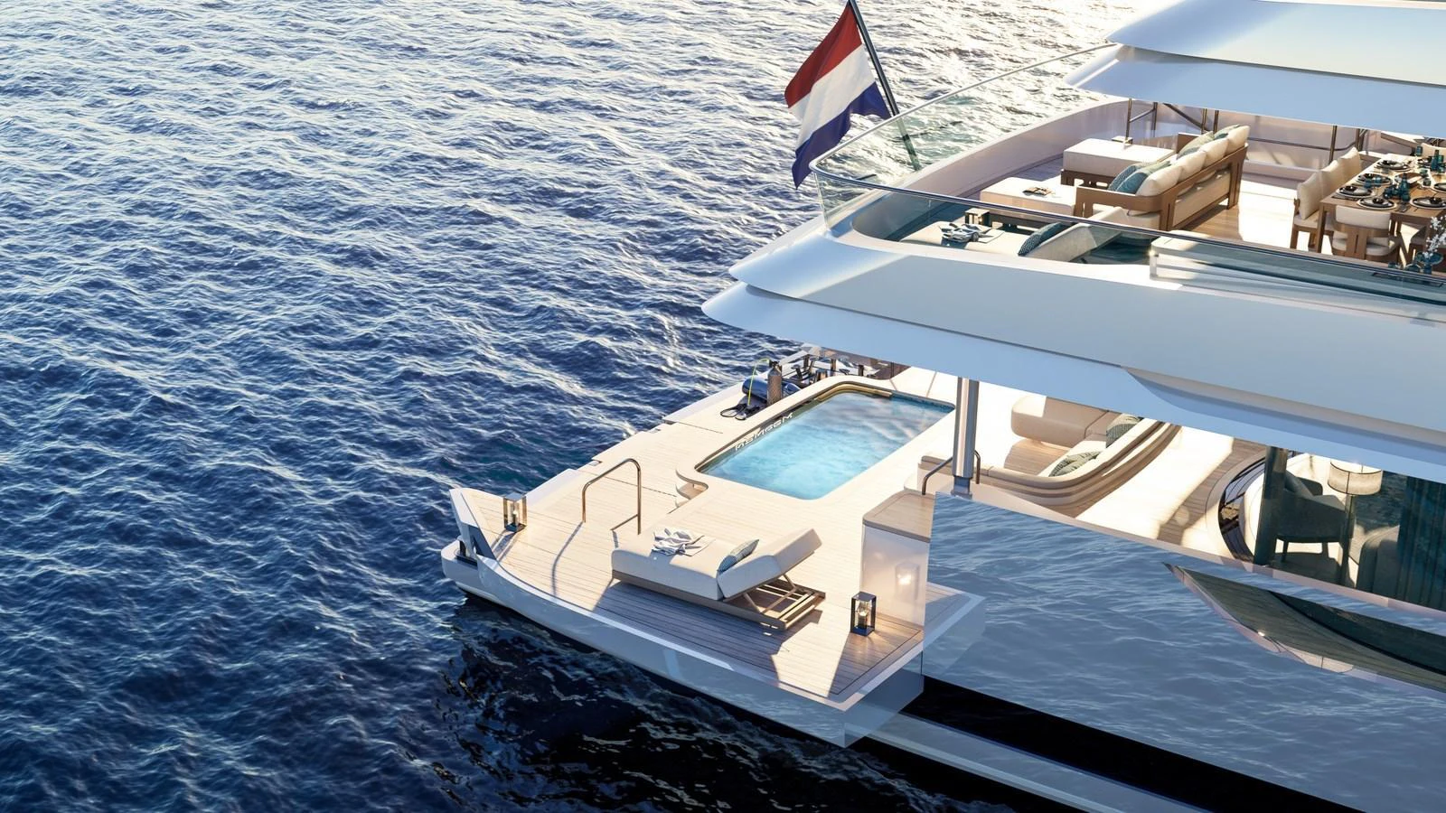 The yacht's aft deck features a luxurious pool and lounging area, perfect for relaxation on the water. aboard 133 MALLORCA Yacht for Sale