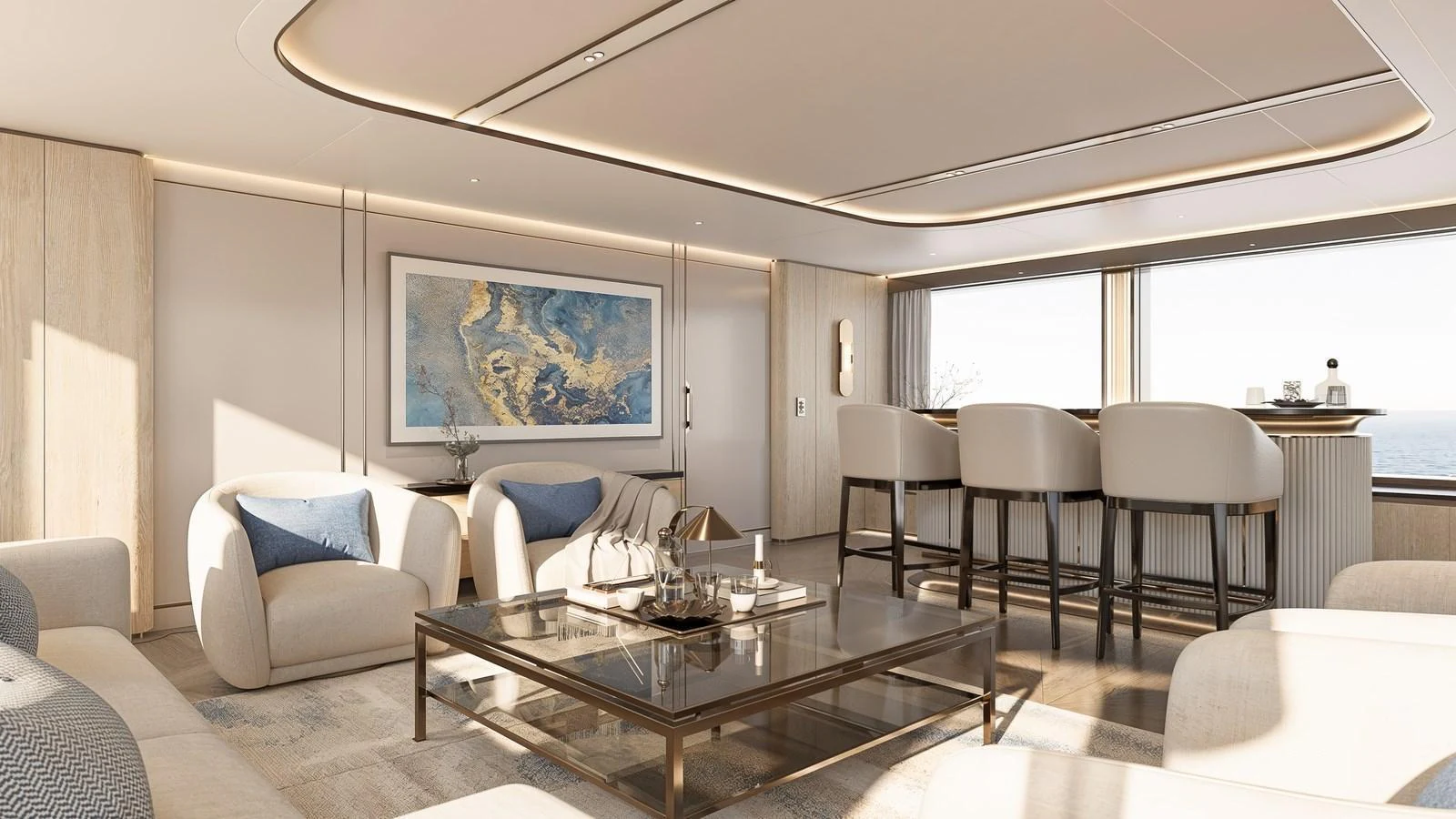The salon features elegant seating, a stylish coffee table, and a bar area with a serene ocean view. aboard 133 MALLORCA Yacht for Sale